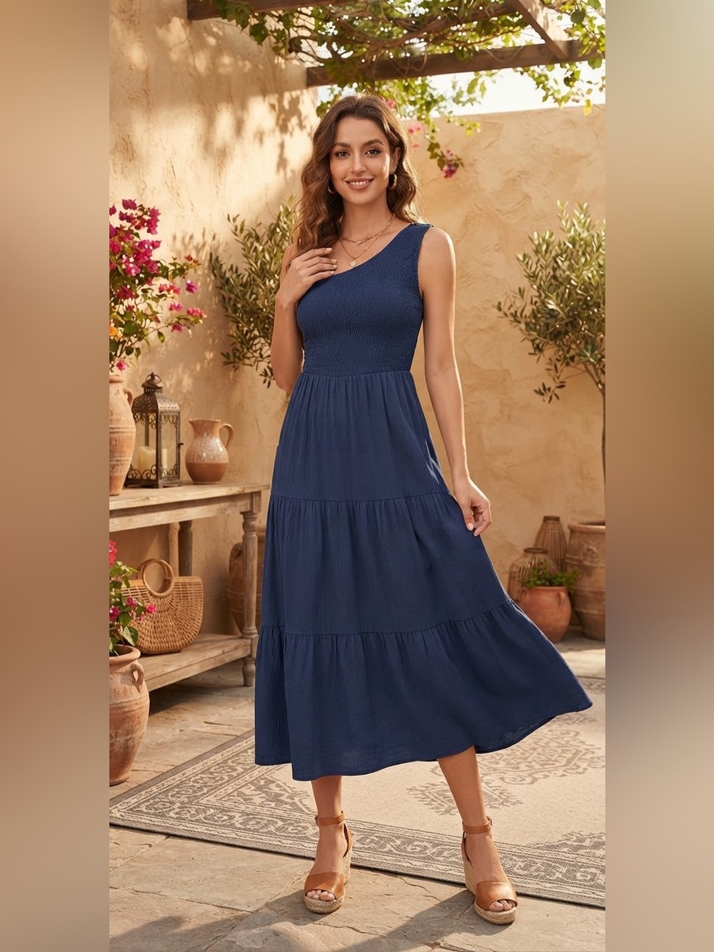 Antares’s One-Shoulder Navy Tiered Midi Dress with Smocked Bodice